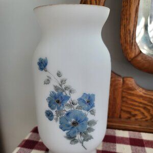 White Glass Vase with Blue Flowers-Retro Nice Condition!